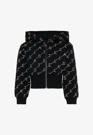 Felpa nera crop con cerniera integrale, polsini e orlo a costine, decorata con motivo a testo puntinato bianco diagonale.