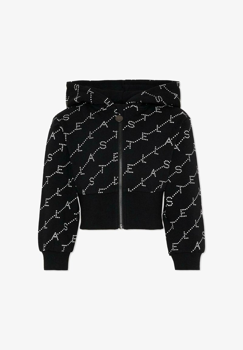 Felpa nera crop con cerniera integrale, polsini e orlo a costine, decorata con motivo a testo puntinato bianco diagonale.