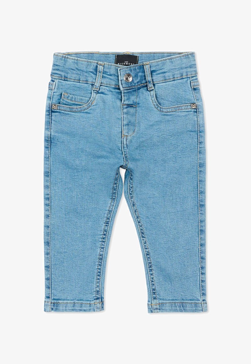 Vaqueros de mezclilla azul claro para niño pequeño con botón frontal, trabillas para cinturón y dos bolsillos delanteros sobre fondo blanco.