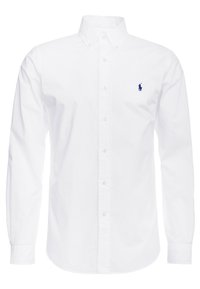 Biała, długi rękaw, koszula z guzikami z kołnierzykiem i niebieskim haftowanym logo polo gracza na lewym piersiu.