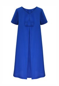 Niebieska sukienka z krótkim rękawem, w kształcie litery V, z kokardką z przodu i plisowanym wzorem. Wykonana z gładkiego materiału, sięgająca do kolan.