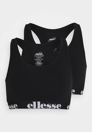 Čierne športové podprsenky s ušným výstrihom, širokými ramienkami a elastickým pásom s bielym logom "ellesse". Hladká, elastická tkanina.