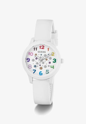 Witte siliconen horloge met een ronde wijzerplaat, voorzien van kleurrijke cijfers, fonkelende accentpunten en een eenvoudig, glad ontwerp. Mernaam weergegeven.