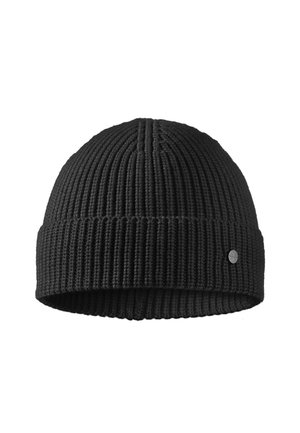 Black knit beanie hat with a ribbed texture, folded cuff, and small logo accent. Round shape with seamless construction.