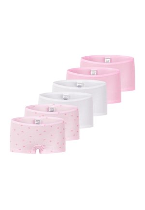 Sex par stretch-cotton trosa: två ljusrosa, två vita med en subtil textur och två ljusrosa med ett litet mönster av hjärtan.
