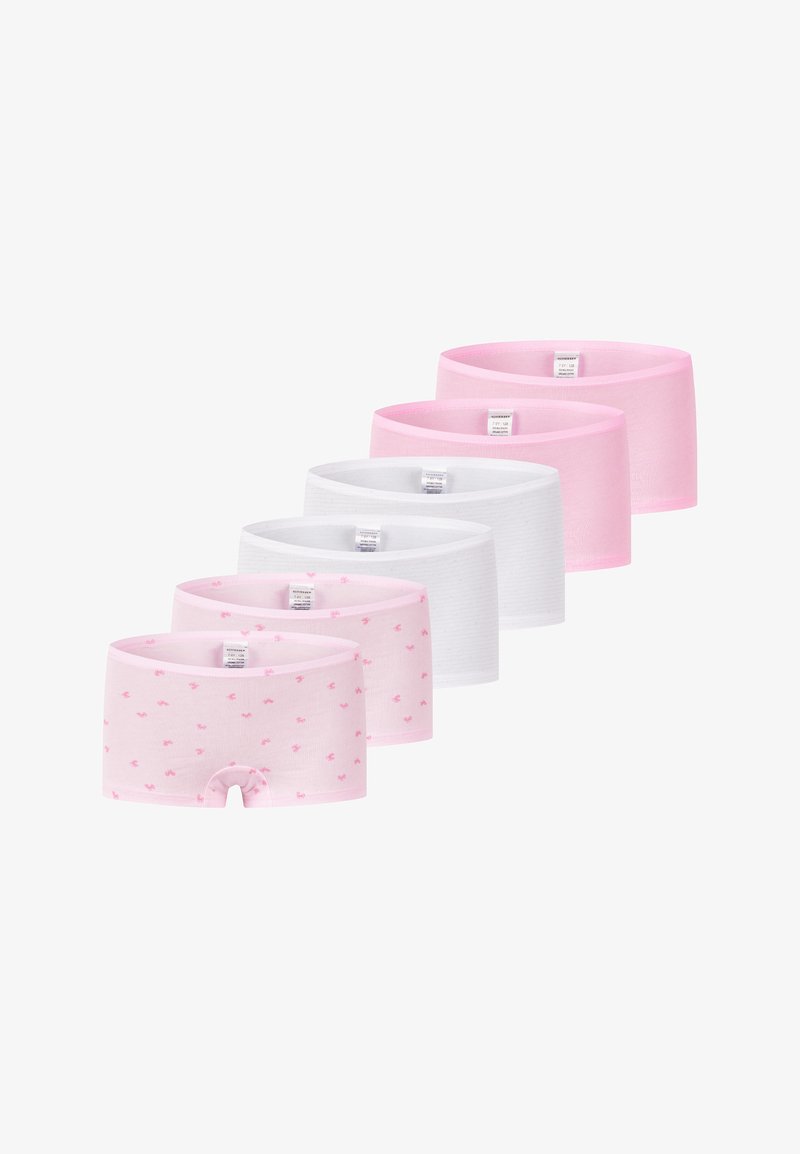 Sei paia di mutandine boyshort in cotone elasticizzato: due rosa chiaro, due bianche con una sottile trama e due rosa chiaro con un piccolo motivo a cuori.