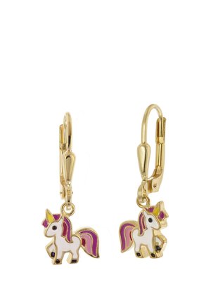 Goldene Creolen-Ohrringe mit kleinen weißen Einhorn-Anhängern mit rosa Mähnen, Schweifen und goldenen Hörnern.