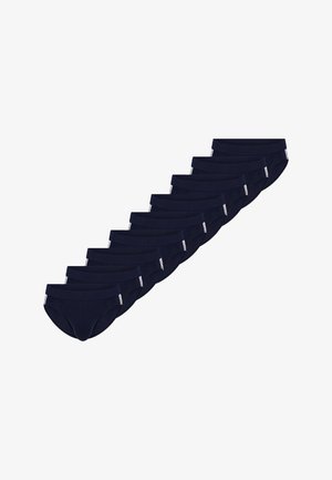 Culottes en coton bleu marine avec une texture lisse, une ceinture élastique et un logo blanc en accent. Dix culottes disposées en rangée.