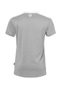 Grijze t-shirt met korte mouwen en witte accenten op de schouders. Gemaakt van zachte stof, heeft een ronde hals en een klein logo op de achterkant.