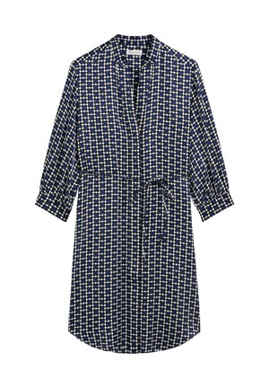 Robe chemise bleu marine avec un motif géométrique crème, dotée d'un col, de manches trois quarts, d'une taille cintrée avec un lien, et d'un ourlet arrondi.