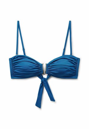 Top de bikini azul con tirantes ajustables, copas de tela recogida y un cierre metálico frontal con un nudo central.