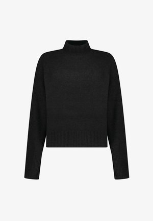 Maglione nero corto con collo alto, realizzato in un tessuto morbido e strutturato. Presenta maniche lunghe e polsini e orlo a costine.