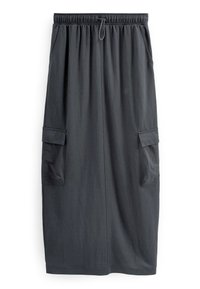 Jupe longueur cheville gris foncé en tissu léger, dotée d'une ceinture élastique, d'un cordon de serrage et de deux poches cargo latérales.