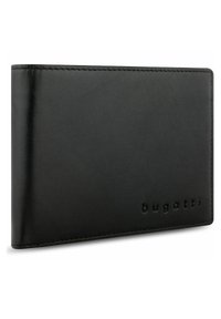 Black leather wallet with a smooth texture, sleek design, and embossed logo. Features clean edges and subtle stitching.