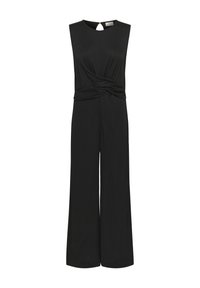 Jumpsuit nero senza maniche con dettaglio anteriore a torsione e pantaloni a gamba larga. Design con apertura a chiave sul retro. Realizzato in un tessuto liscio e strutturato.