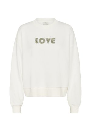 Sudadera blanca de manga larga con puños y dobladillo acanalados, que presenta la palabra "LOVE" con un diseño floral en el pecho.