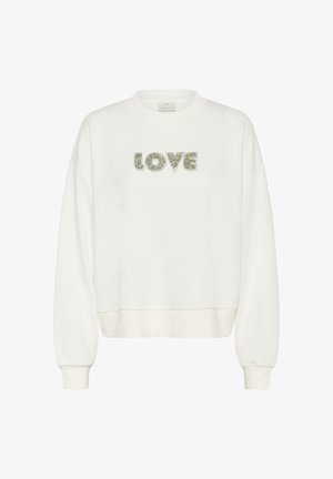 Sudadera blanca de manga larga con puños y dobladillo acanalados, que presenta la palabra "LOVE" con un diseño floral en el pecho.