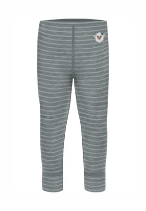 Gray striped leggings made of soft fabric, featuring a decorative sheep patch on the upper left side. Designed with a tapered fit.