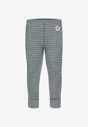 Grau gestreifte Leggings aus weichem Material, mit einem dekorativen Schaf-Patch auf der oberen linken Seite. Mit schmal zulaufendem Schnitt gestaltet.