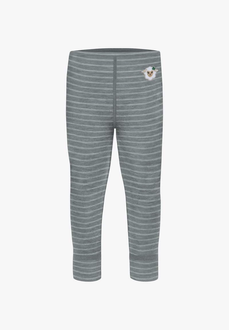 Grau gestreifte Leggings aus weichem Material, mit einem dekorativen Schaf-Patch auf der oberen linken Seite. Mit schmal zulaufendem Schnitt gestaltet.