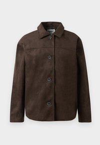 Bruin faux suède jack met een kraag, zes zwarte knopen en een rechte snit. Beschikt over een gladde textuur en een minimalistisch ontwerp.