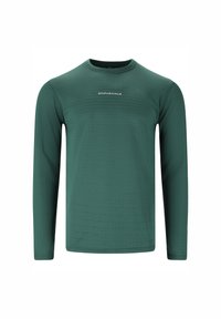 Langärmliges Sportshirt aus dunklem grünem Stoff, mit horizontalem Rippenstruktur und einem weißen "ENDURANCE"-Logo auf der Brust.