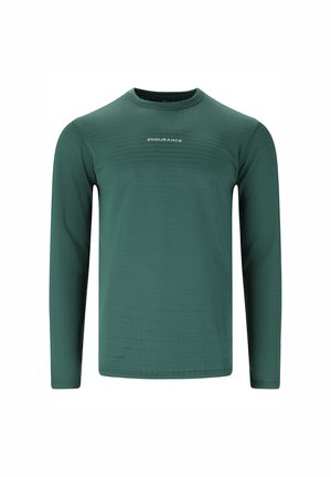 Långärmad atletisk tröja i mörkgrön tyg, med horisontell ribbad struktur och en vit "ENDURANCE"-logotyp på bröstet.