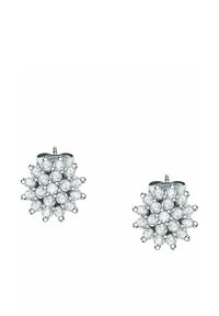 Sølvfarvede stud øreringe med et stjerneskytsdesign, der har flere klare cubic zirconia-sten arrangeret i et klynget mønster.