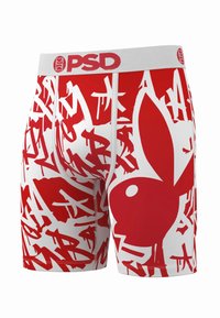 Bóxers PSD de marca en rojo y blanco con un patrón estilo grafiti que incluye el icónico logo del conejo Playboy en rojo sólido.