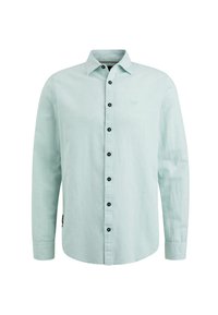 Hellgrünes Langarmhemd aus Leinen, mit einer Knopfverschlussfront mit schwarzen Knöpfen, einem Kragen und einem kleinen gestickten Logo auf der Brust.