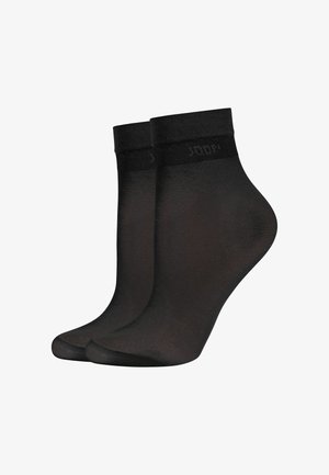 Schwarze Knöchelsocken aus glattem, durchsichtigem Material mit einem bequemen elastischen Bund oben, der den Markennamen "JOOP" trägt.
