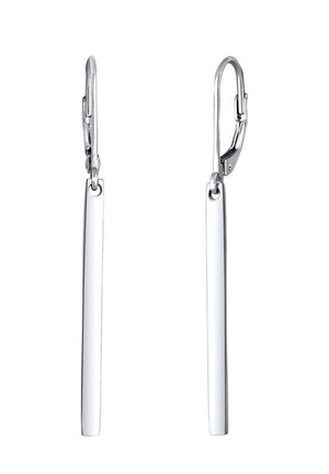 Silberne Tropfenohrringe mit langen, dünnen rechteckigen Stäben, die an Bügelverschluss-Ösen hängen, vor weißem Hintergrund.