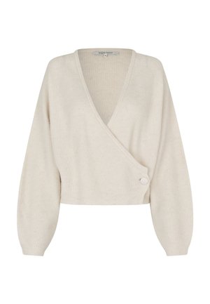 Lekki beżowy sweter kopertowy z dekoltem w serek, prążkowaną fakturą, długimi bufkami na rękawach oraz pojedynczym zapięciem na guzik z boku.