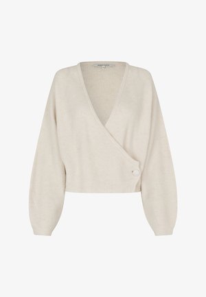 Light beige wrap sweater with a V-neck, ribbed texture, long puff sleeves, and a single button closure on the side.