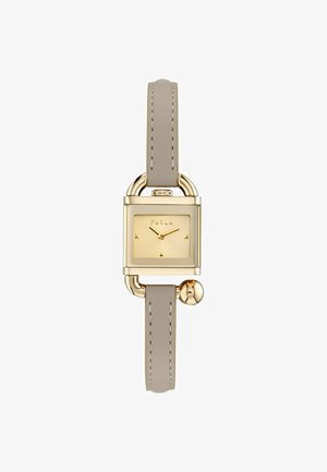 Négyszögletes arany színű óraszámlap minimalista számlappal és Furla logóval, bézs bőrszíj látható varrással, arany akcentussal és kerek részlettel.