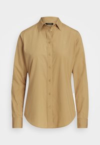 Hnědá košile s dlouhými rukávy, knoflíkovým zapínáním a límcem, zaobleným lemem a texturovanou tkaninou. Obsahuje diskrétní výšivku loga na hrudi.