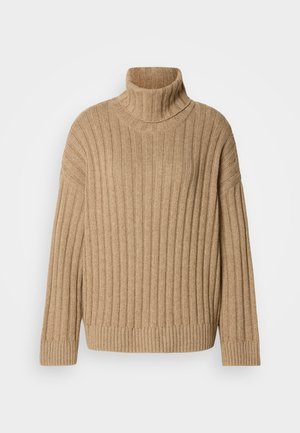 Beige ribbed turtleneck sweater with long sleeves, featuring a textured knit, wide collar, and fitted hem. Made of soft, warm material.
