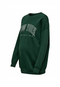 Sudadera verde con escote redondeado, mangas largas y texto gráfico "NEW YORK MANHATTAN" en blanco en la parte frontal. Textura de tela suave.