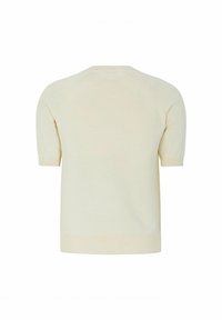 Svetre svetlo bež boje s kratkimi rokavi, okroglim izrezom, ribanim rokom in robom, gladko teksturo in raglan rokavi.