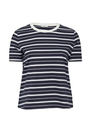 Granatowo-biały T-shirt z krótkim rękawem w poziome paski, z białym okrągłym dekoltem, prezentowany na białym tle.