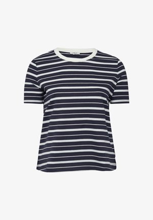 Granatowo-biały T-shirt z krótkim rękawem w poziome paski, z białym okrągłym dekoltem, prezentowany na białym tle.