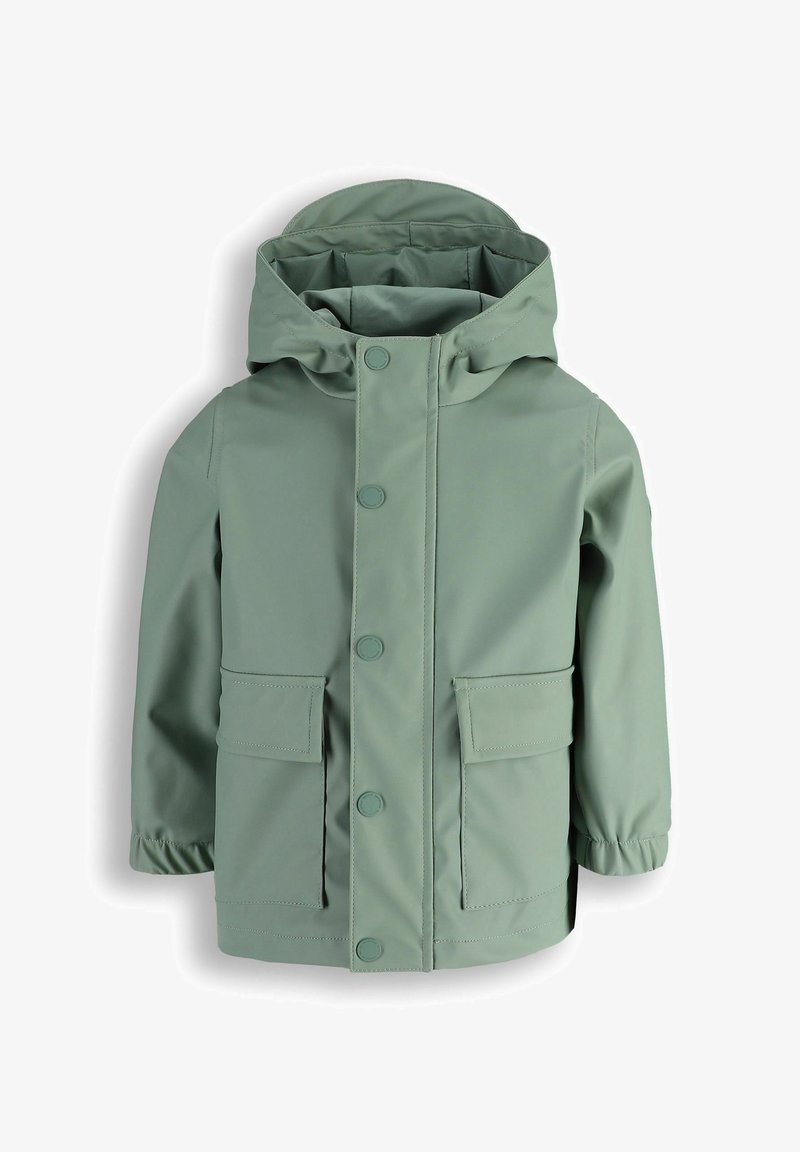 Light green children's raincoat with hood, front snap buttons, two large flap pockets, and elastic cuffs on sleeves.