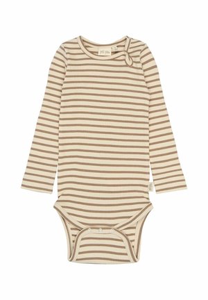 Long-sleeve bodysuit in cream with brown horizontal stripes. Features ribbed texture, round neckline, and snap closures at the bottom.