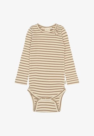 Kerman pitkähihaisessa bodysuitissa on kermaisen väriset ruskeat vaakaraidat. Siinä on ribbikuvio, pyöreä kaula-aukko ja painonapit alaosassa.