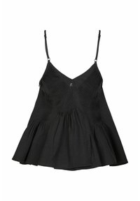 Zwarte camisole met verstelbare bandjes, voorzien van verticale plooien en een uitlopende zoom. Gemaakt van lichte stof met een gladde textuur.