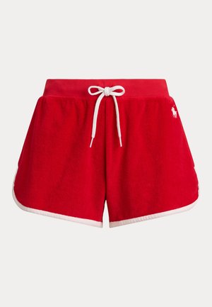 Rote Shorts aus Frottee mit weißem Kordelzug, weißer Einfassung und kleinem weißen Polo-Spieler-Logo auf der rechten Hüfte.