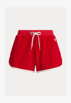 Pantaloncini rossi in spugna con coulisse bianca, bordi bianchi e piccolo logo di un giocatore di polo bianco sull'anca destra.