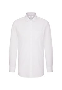 Witte lange mouwen shirt van soepel materiaal, met een puntkraag, een knoopsluiting aan de voorkant en een enkele borstzak aan de linkerkant.