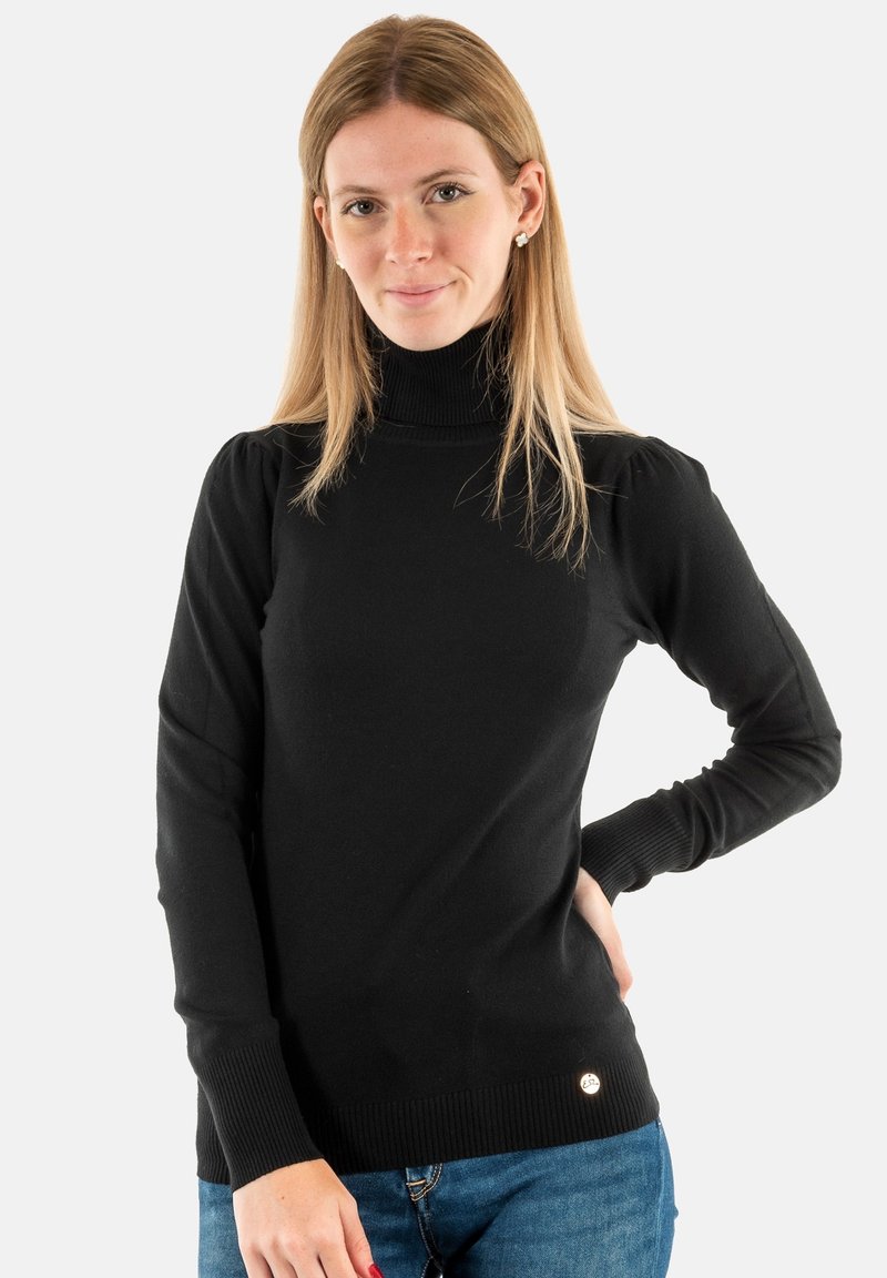 Maglione nero a collo alto con maniche lunghe, polsini e orlo a coste, con un piccolo dettaglio del logo in vita. Texture liscia.