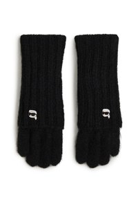 Black knitted gloves with ribbed texture, featuring finger openings and a small, white logo accent on the wrist area.